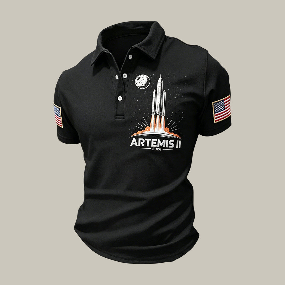 Rocket Launch Polo Shirt NASA Moon Mission 2026 Apparel Present For Husband Retro 2026 Artemis II