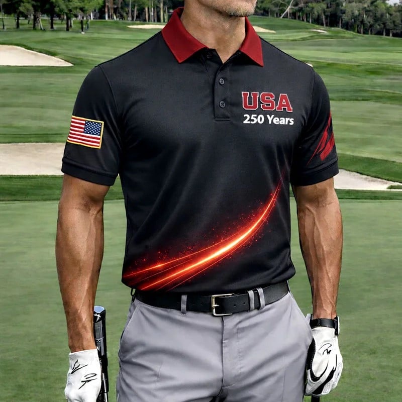 USA 250 Years Patriotic Golf Polo Shirt American Flag Independence Apparel 4th of July Gift