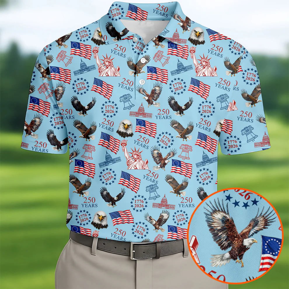 4th Of July Golf Polo Shirt Patriotic American Flag Graphic 250th Anniversary