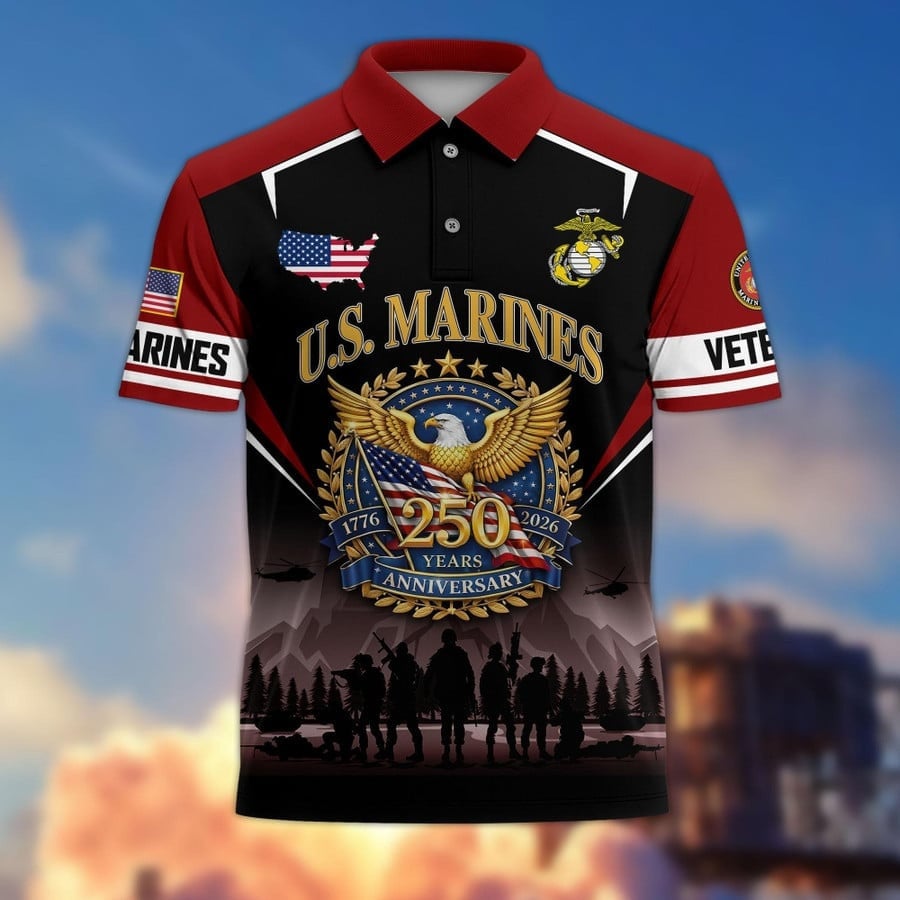 US Marines Veteran 250 Years Anniversary Polo Shirt Men's USMC Merch Gifts For Patriots