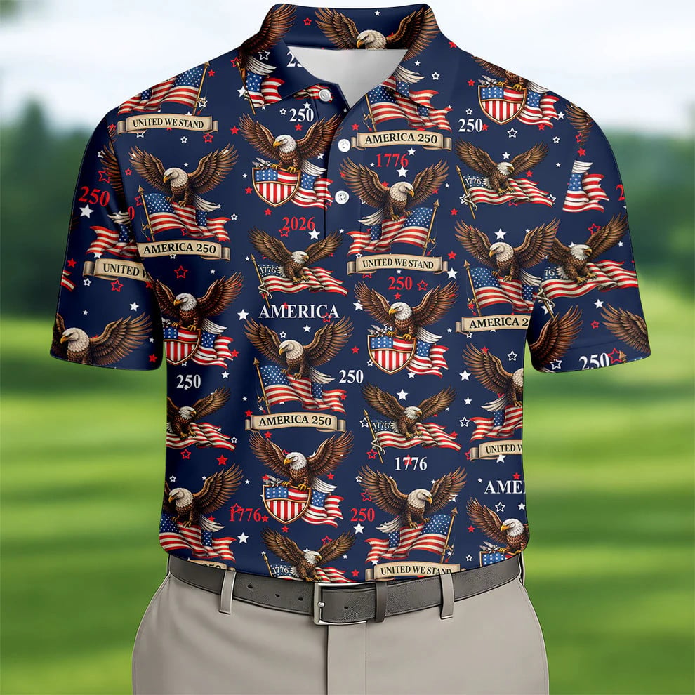 America 250 American Flag Badge Eagle Polo Shirt Patriotic Golf Apparel for Men