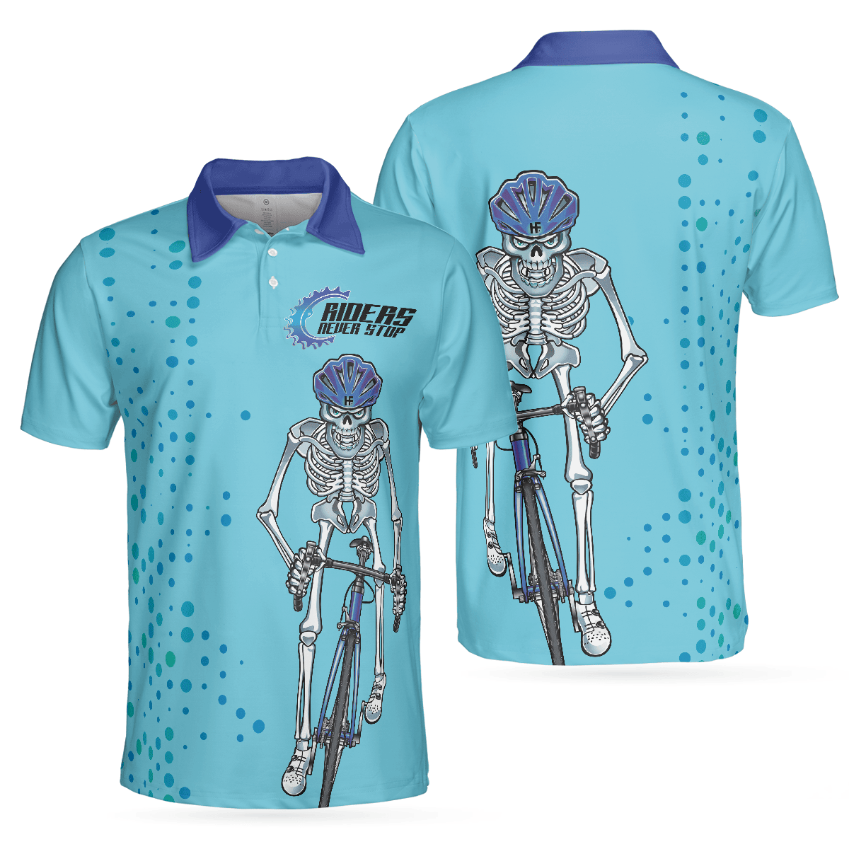 Riders Never Stop Skull Blue Skeleton Cycling Polo Shirt