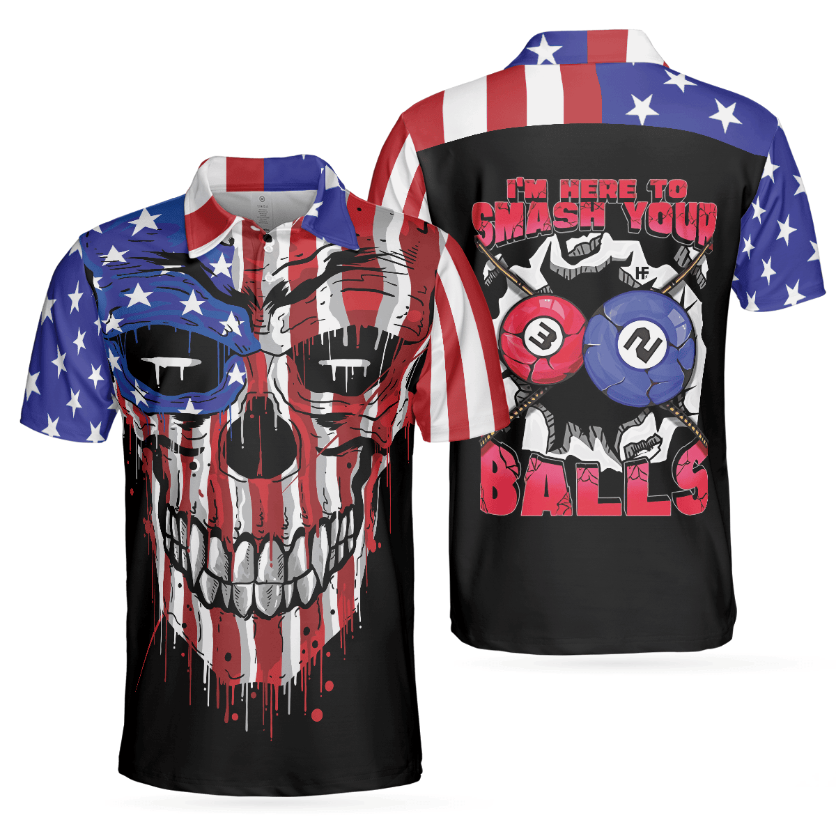 Smash Your Balls Billiards American Flag Skull Polo Shirt