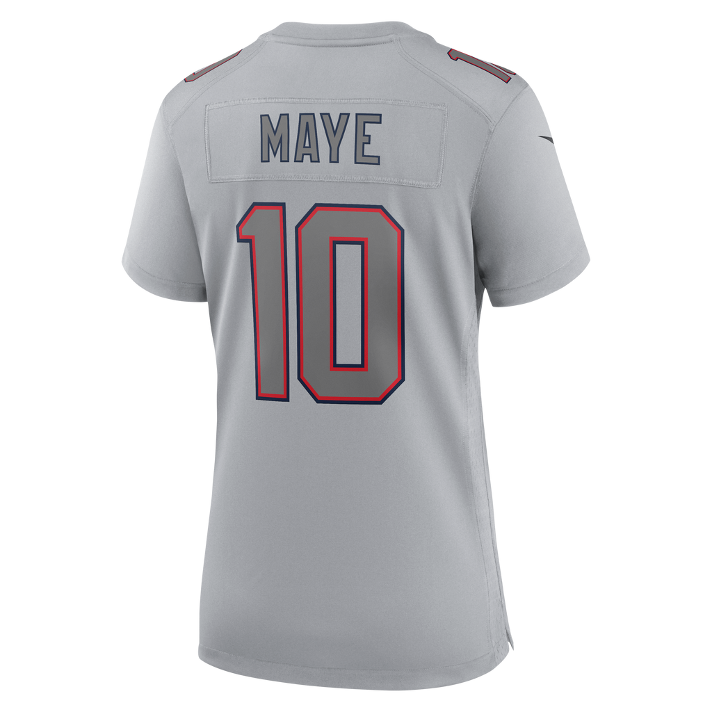 Women's New England Patriots Drake Maye Nike Silver Super Bowl Lx Patch Atmosphere Fashion Game Jersey