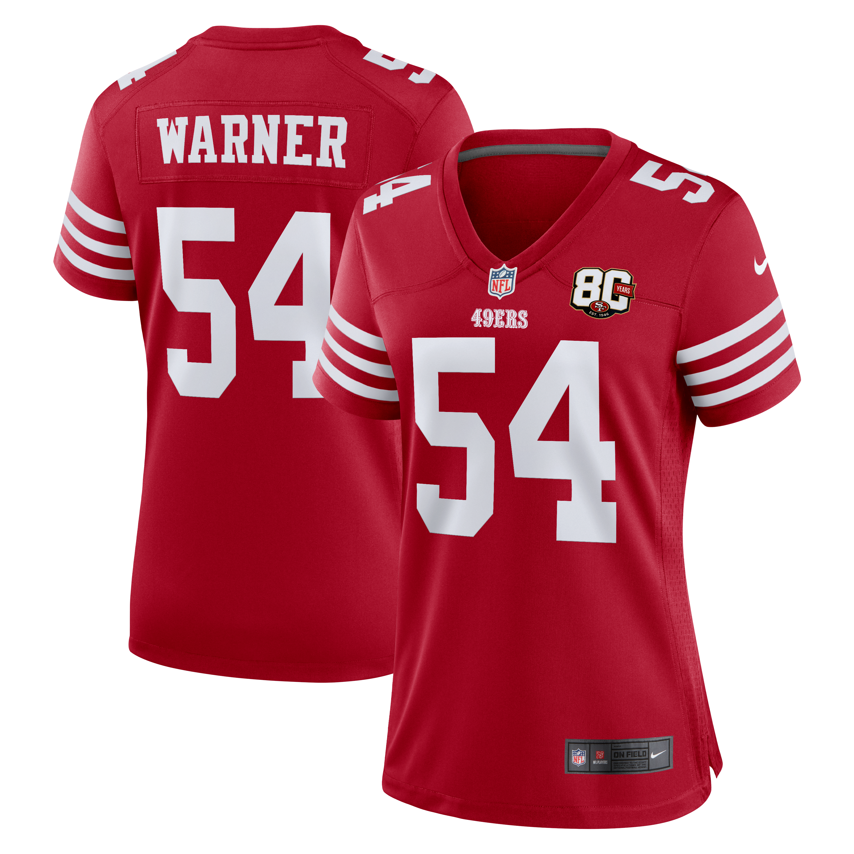 Women's San Francisco 49Ers Fred Warner Nike Scarlet 80Th Anniversary Game Jersey
