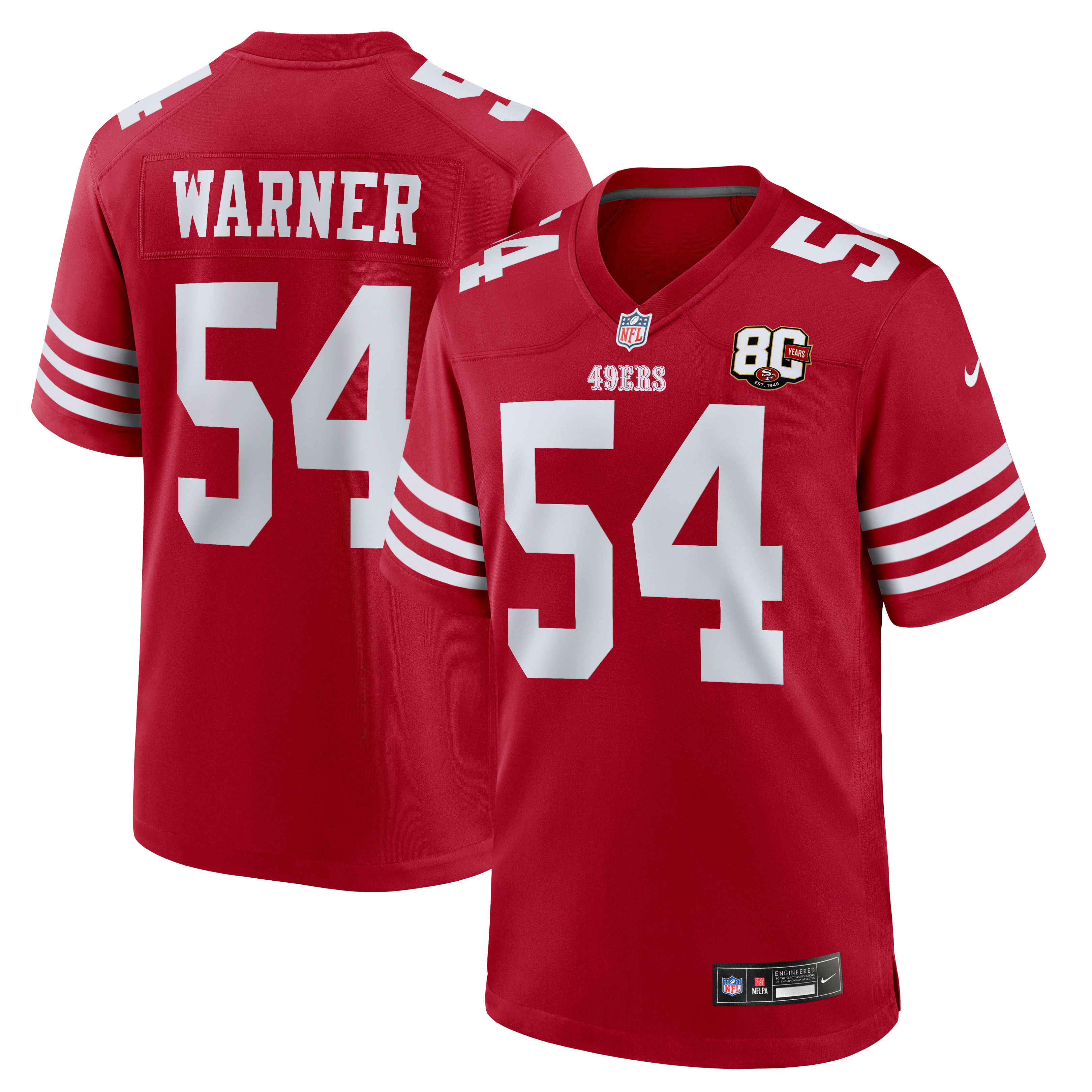 Men's San Francisco 49Ers Fred Warner Nike Scarlet 80Th Anniversary Game Jersey