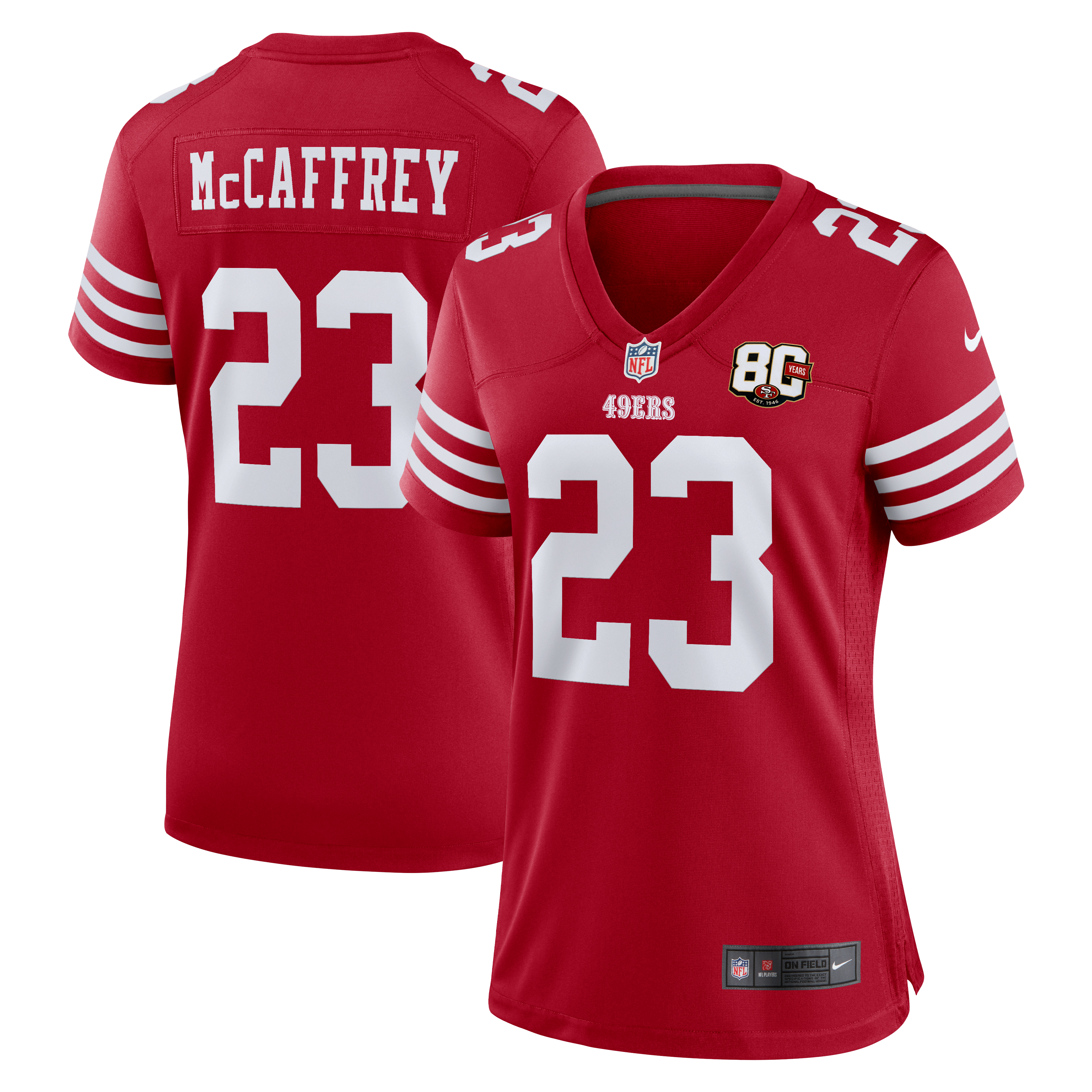 Women's San Francisco 49Ers Christian Mccaffrey Nike Scarlet 80Th Anniversary Game Jersey