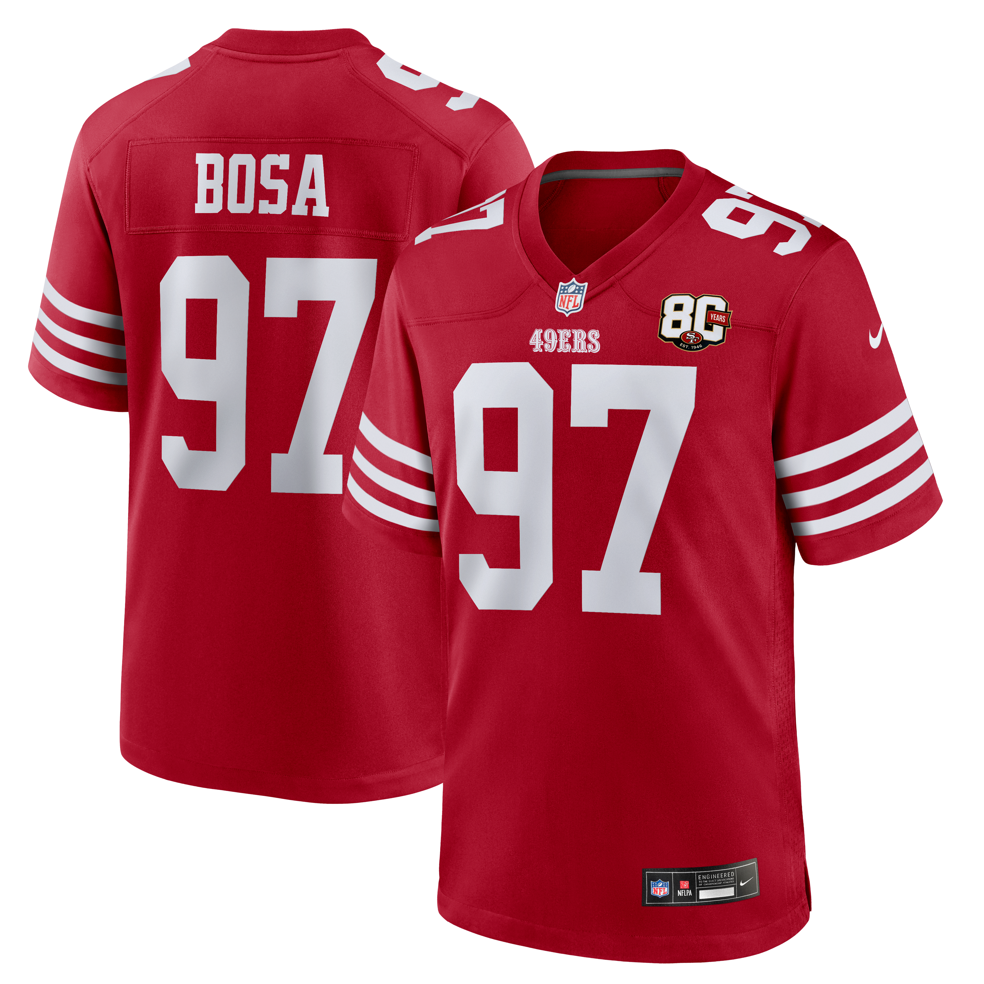Men's San Francisco 49Ers Nick Bosa Nike Scarlet 80Th Anniversary Game Jersey