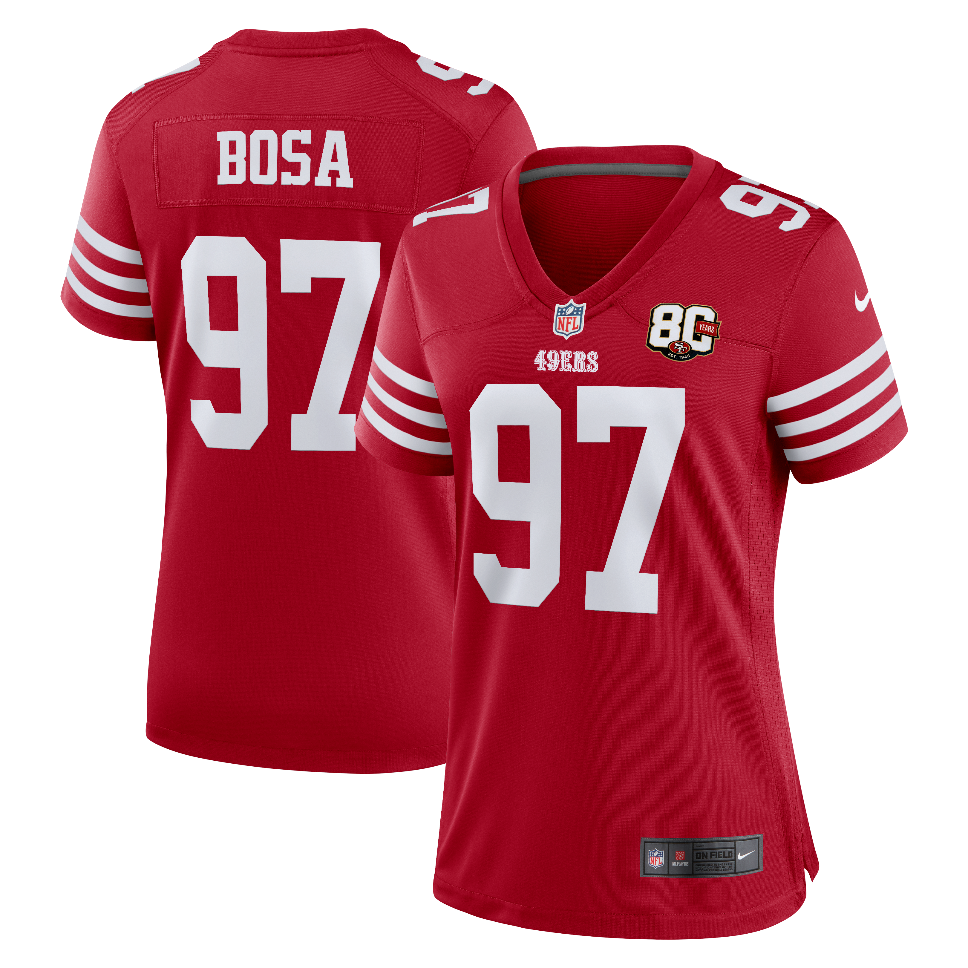 Women's San Francisco 49Ers Nick Bosa Nike Scarlet 80Th Anniversary Game Jersey