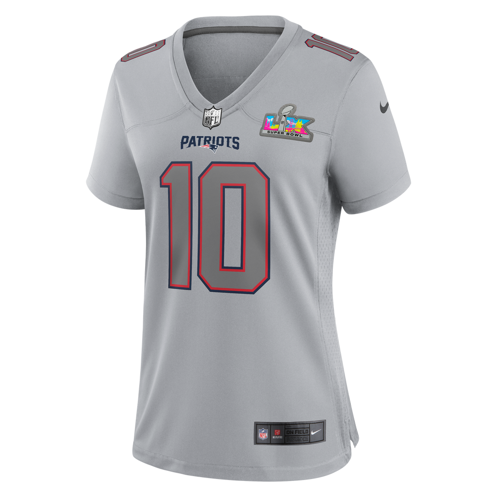 Women's New England Patriots Drake Maye Nike Silver Super Bowl Lx Patch Atmosphere Fashion Game Jersey