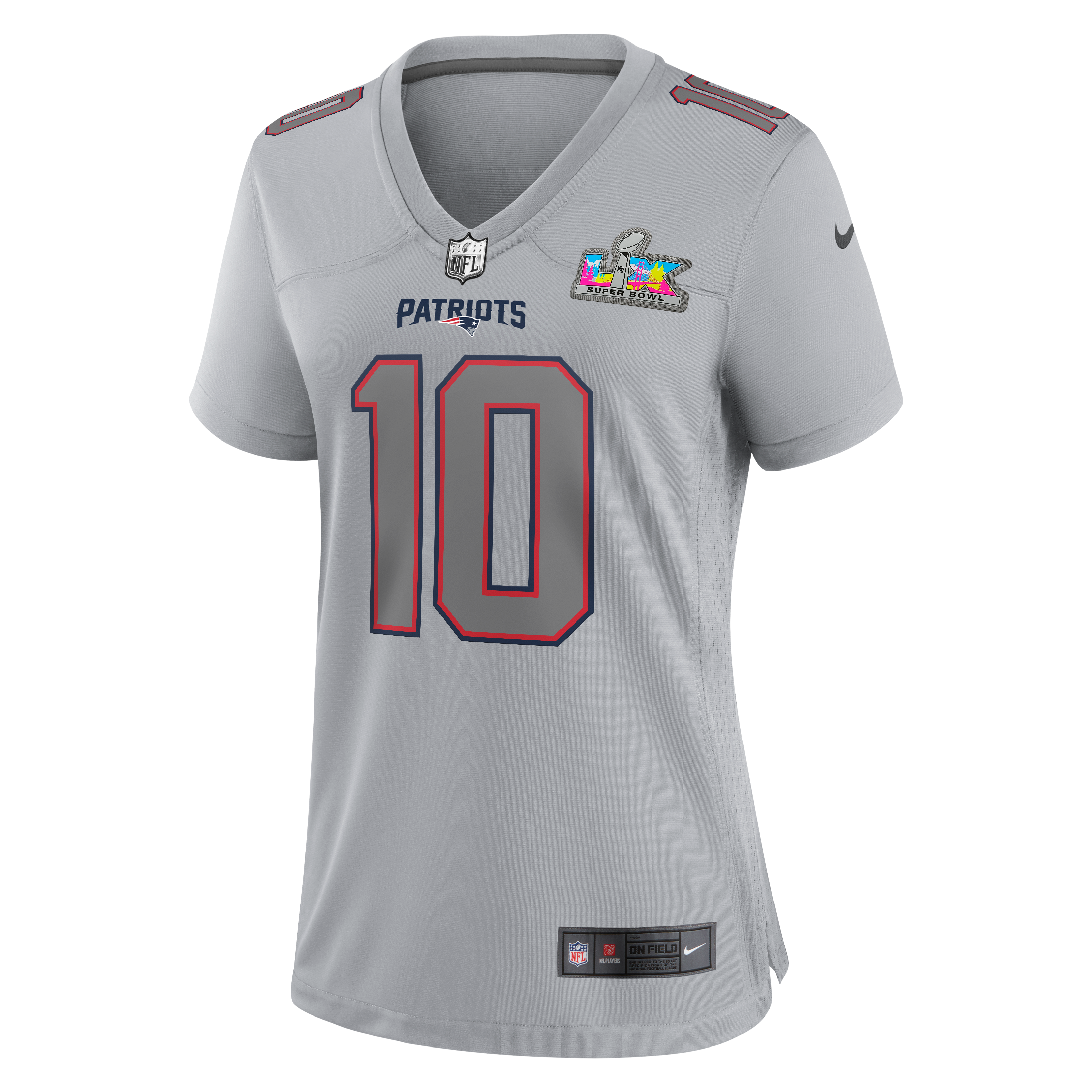Women's New England Patriots Drake Maye Nike Silver Super Bowl Lx Patch Atmosphere Fashion Game Jersey