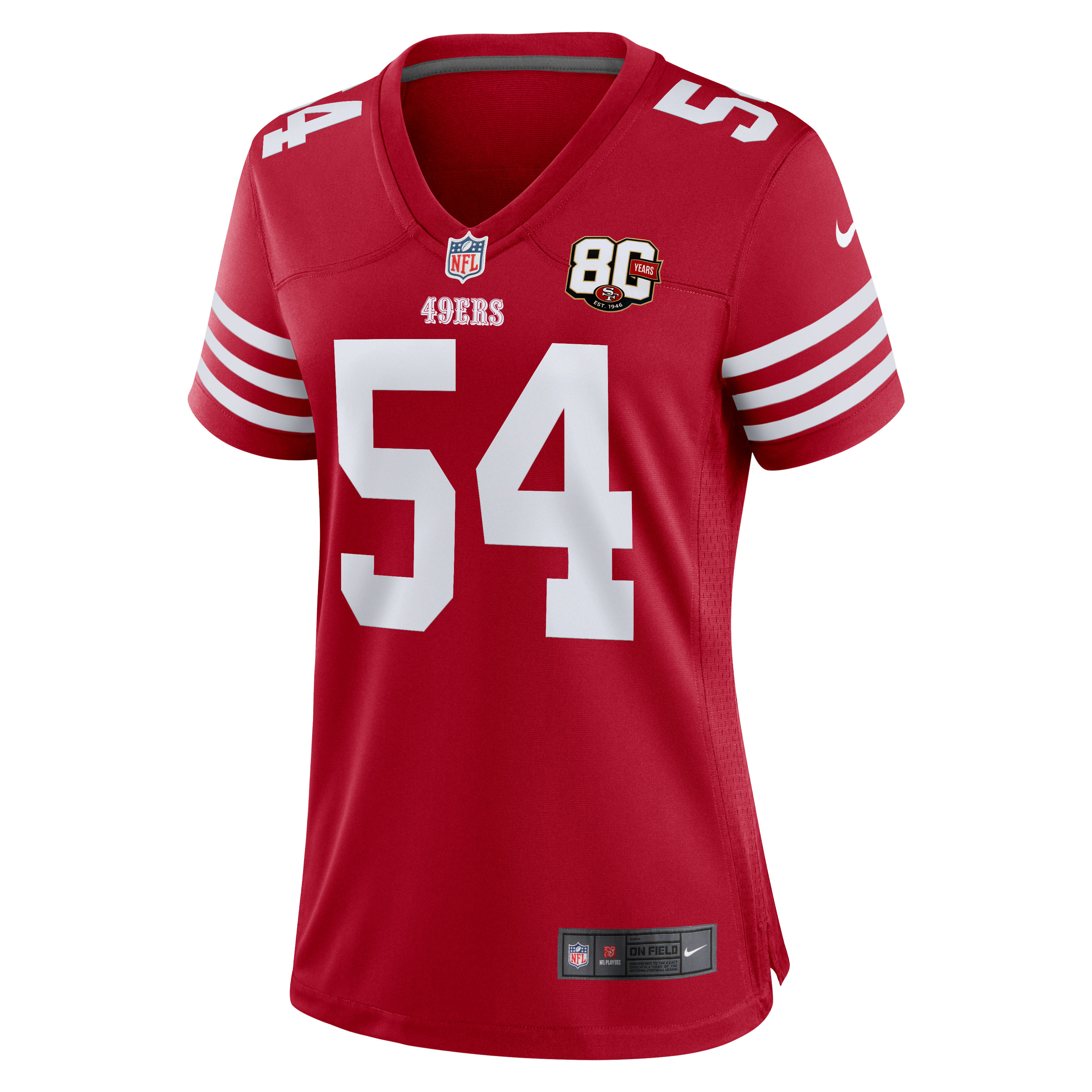 Women's San Francisco 49Ers Fred Warner Nike Scarlet 80Th Anniversary Game Jersey