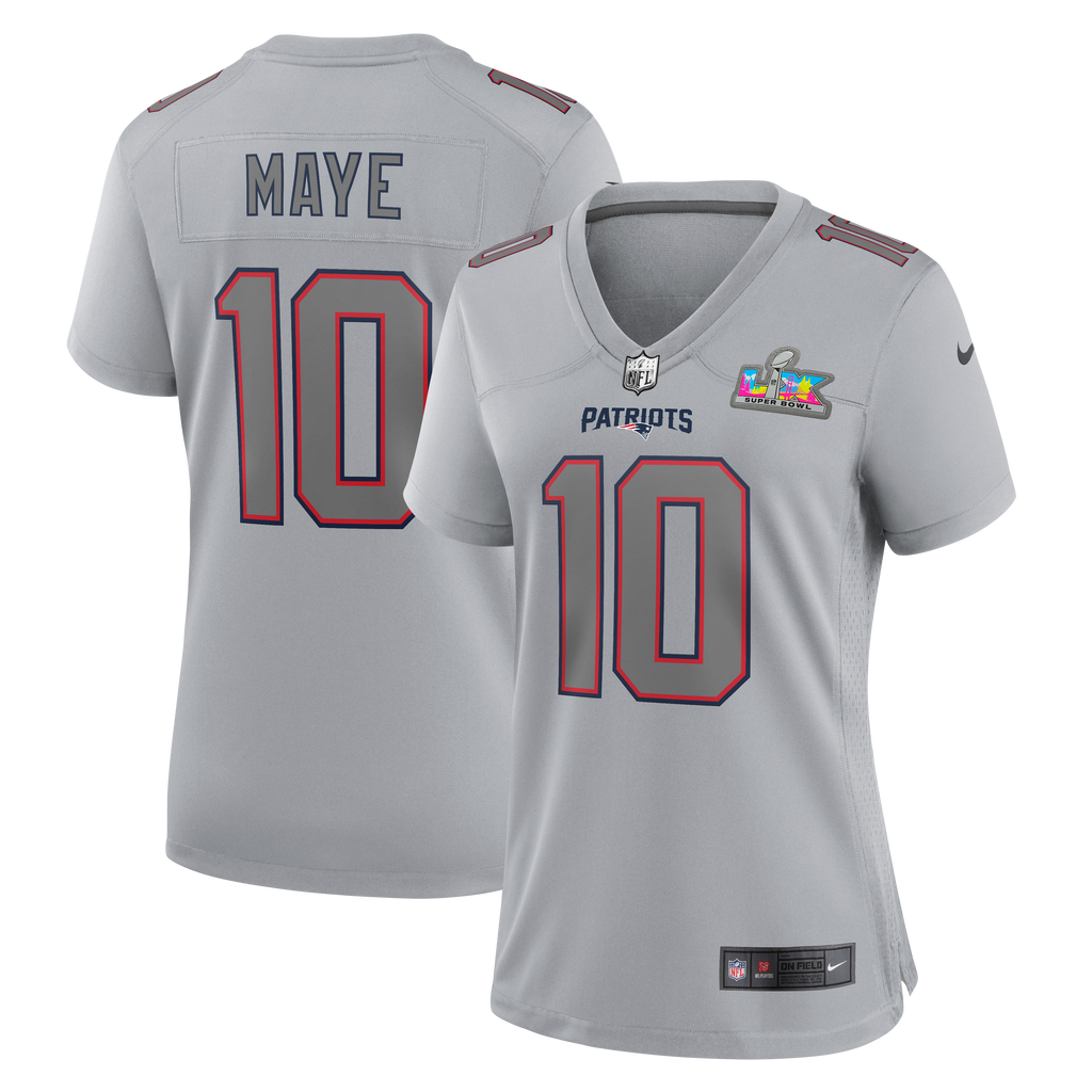 Women's New England Patriots Drake Maye Nike Silver Super Bowl Lx Patch Atmosphere Fashion Game Jersey