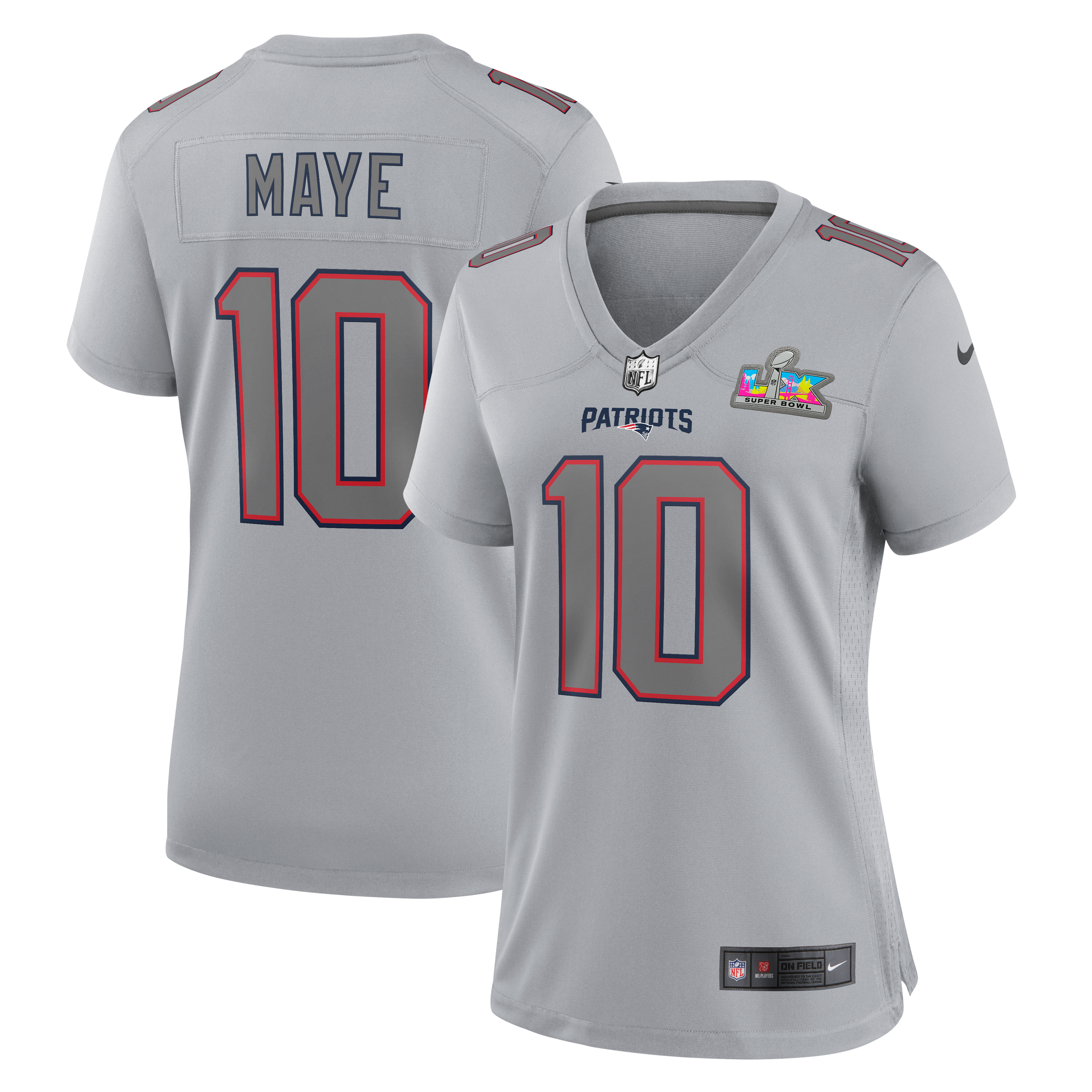 Women's New England Patriots Drake Maye Nike Silver Super Bowl Lx Patch Atmosphere Fashion Game Jersey